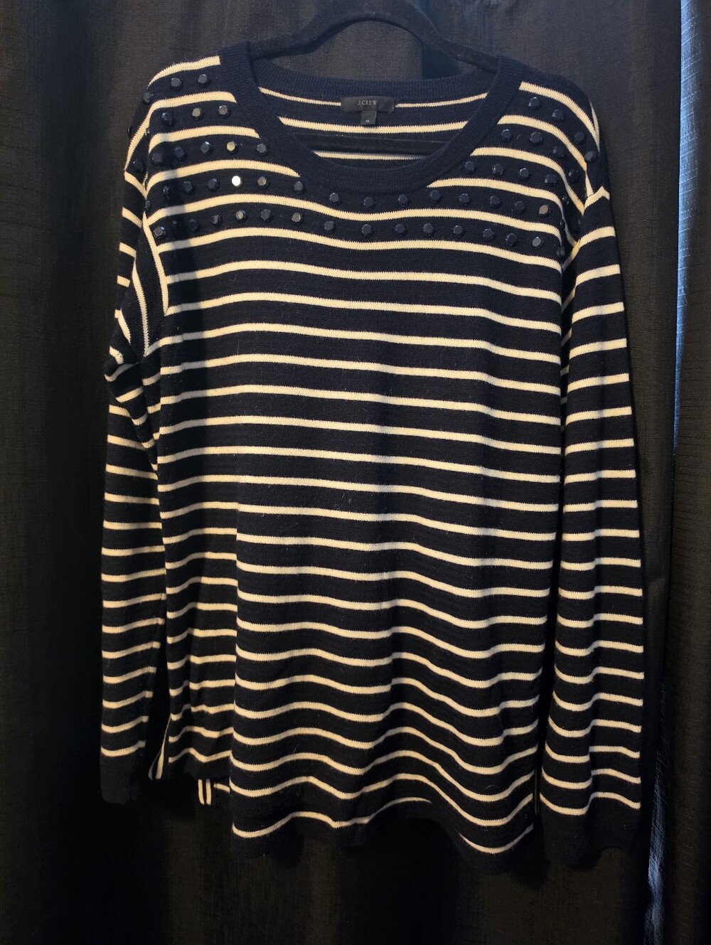 J. Crew Striped Navy and Cream Stud-Accent Sweater Xl